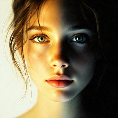 The primary subject of the image is a woman with two different colored eyes. The setting is a dark background, and the visual style appears to be a digital art or illustration. The colors and mood of the image are predominantly dark, with the woman's eyes being the main focal point.